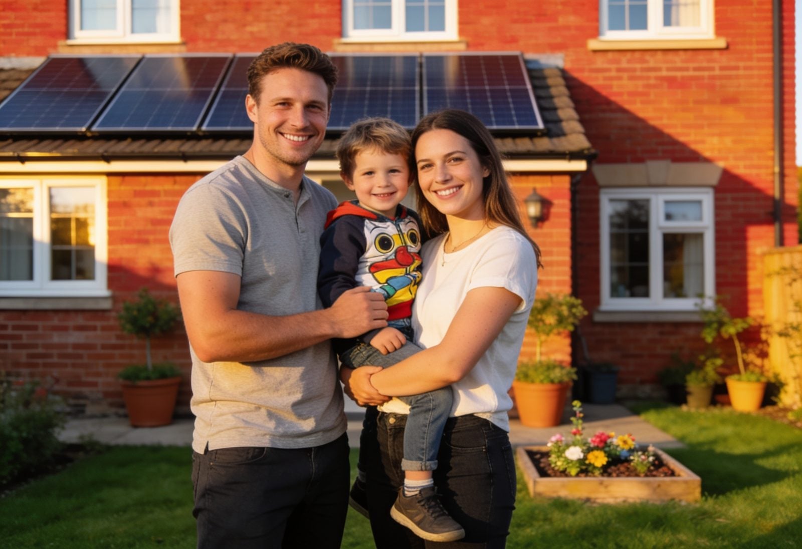 Family outside their UK home with solar panels