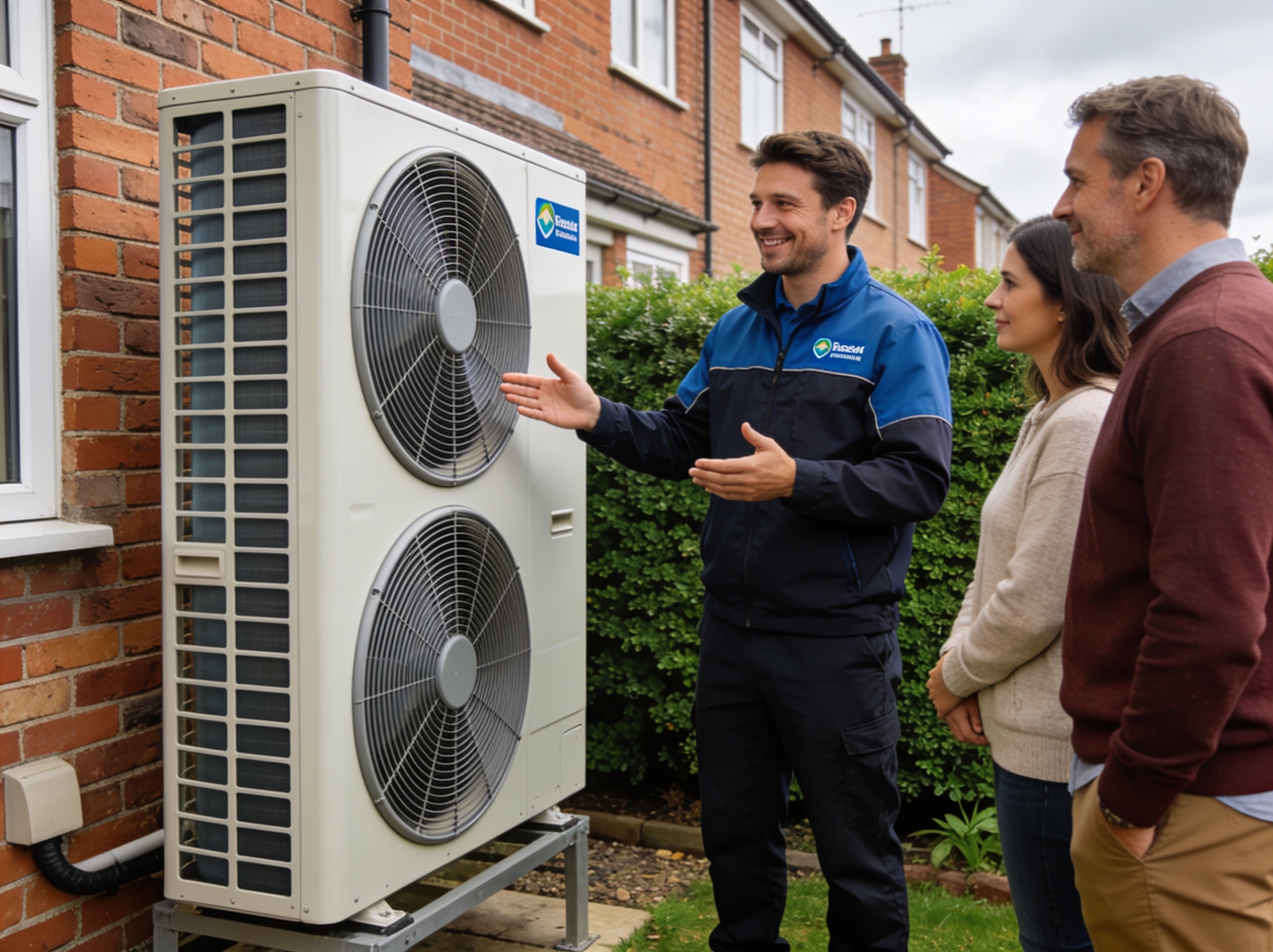 Installer walking homeowners through a heat pump survey
