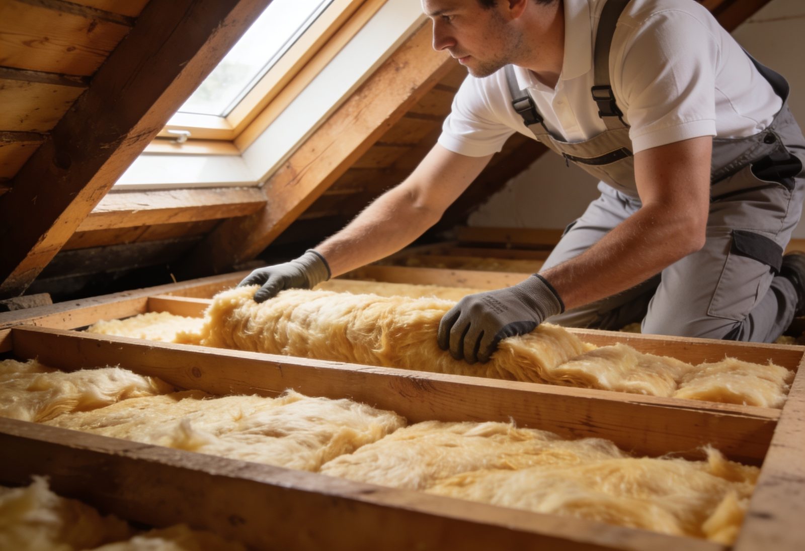 Installer fitting loft insulation in a UK home